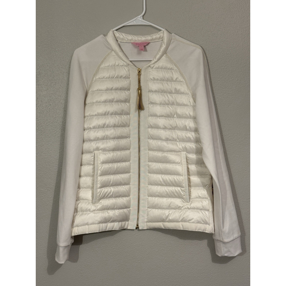 Lilly Pulitzer Haley Lightweight Ivory White Down Feather Puffer Jacket Size L